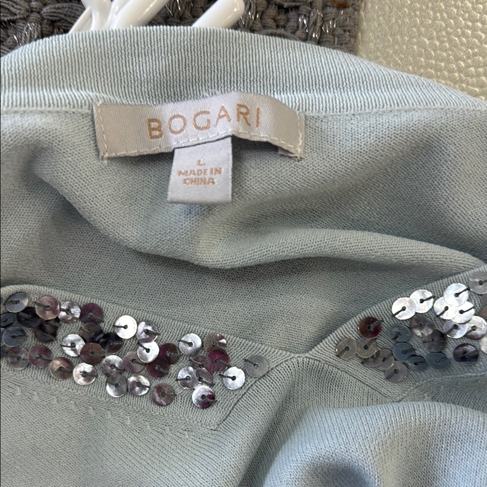 Bogari Light Blue Sequin Silk Sweater. Sz L - Picture 7 of 9